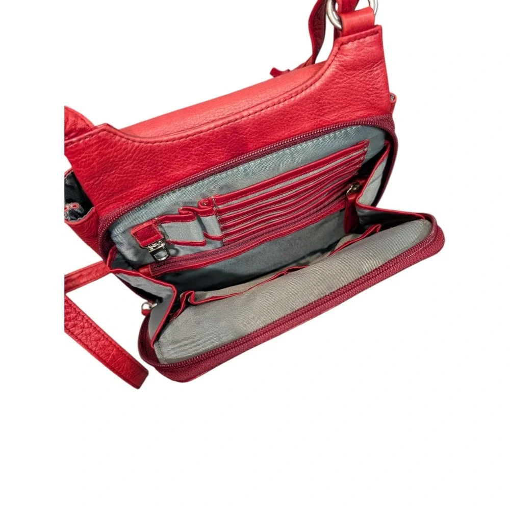 Levenger Red Pebbled Leather Crossbody Bag Organizer Purse With Adjustable Strap
